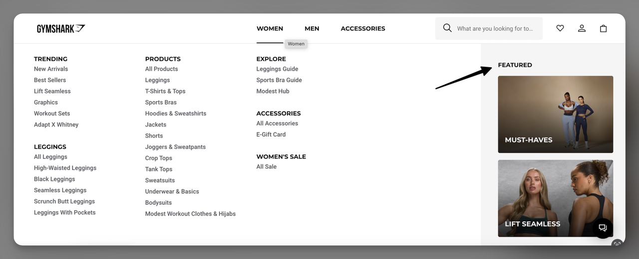 Gymshark website with featured products section on the right side of navigation menu including product photos