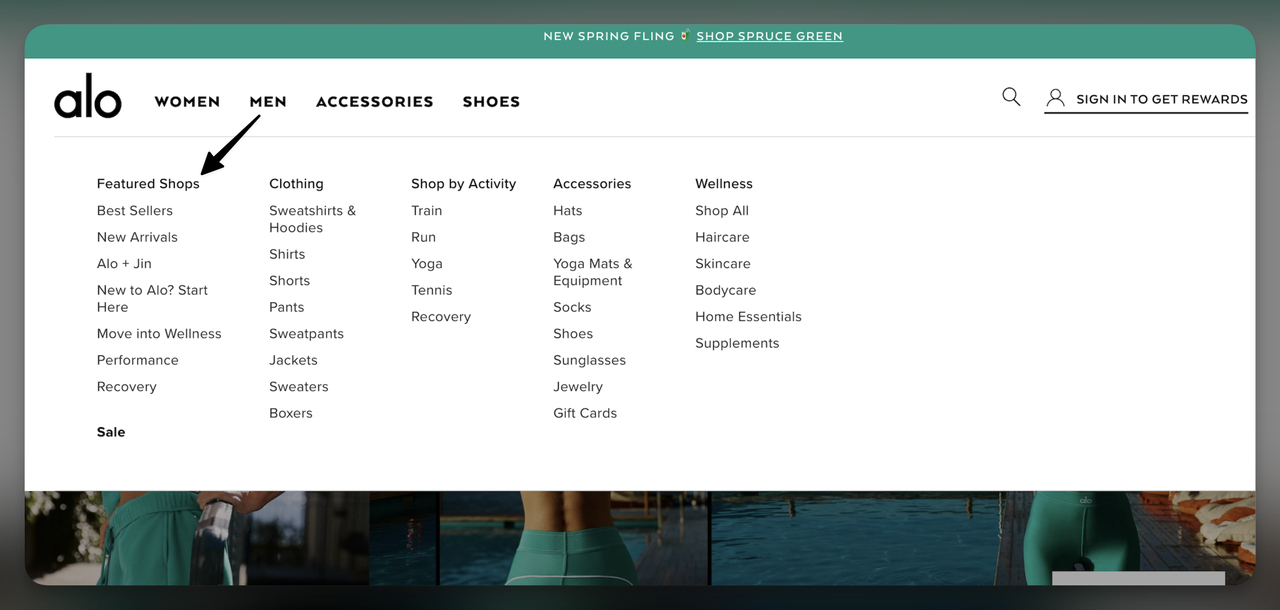 Alo Yoga website with Featured Shops positioned in the dropdown navigation mega menu organized by product categories