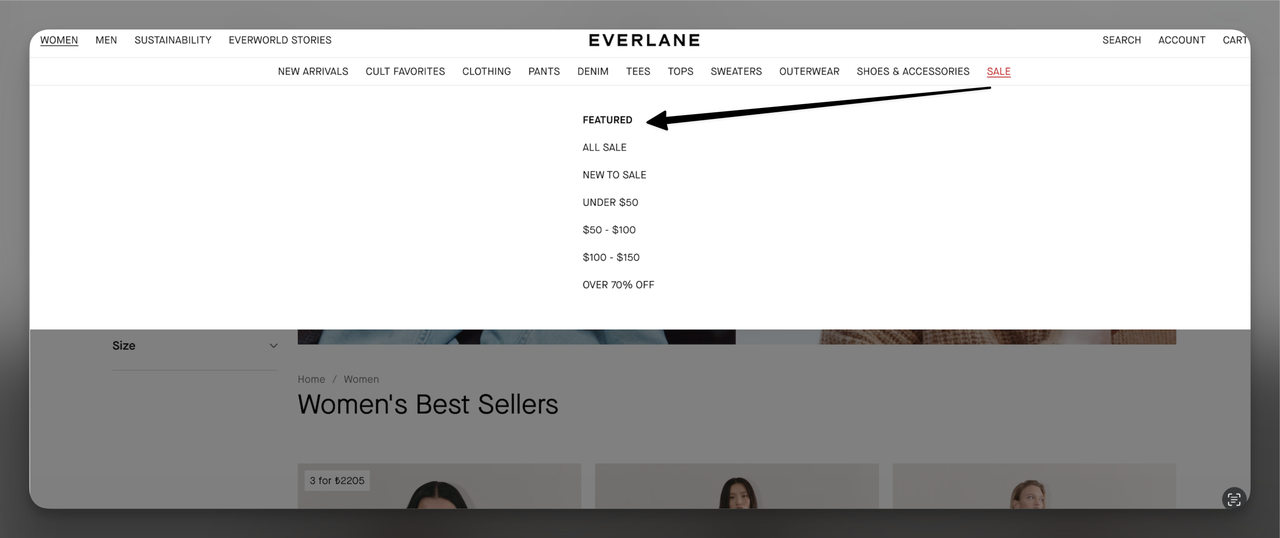 Everlane Sale menu with Featured section organizing products by price tiers and special offer categories