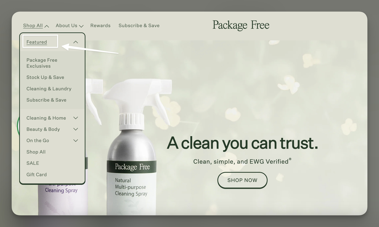 Package Free website with Featured menu at the top of the vertical navigation sidebar for quick access