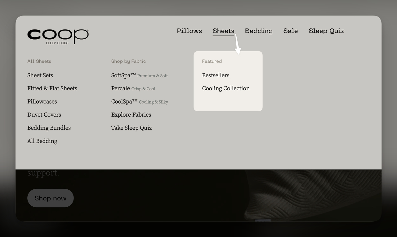Coop Sleep Goods showing Featured products in the Sheets dropdown with Bestsellers and Cooling Collection categories