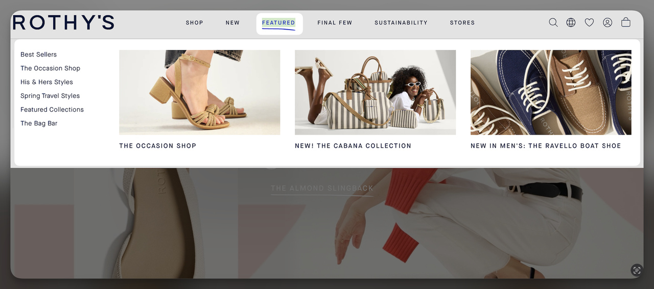 Rothy's website displaying a Featured section in the top navigation menu with curated collections and product images