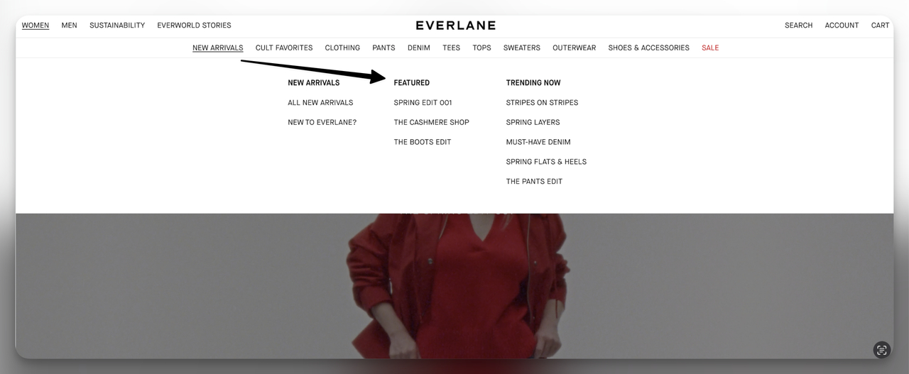 Everlane New Arrivals dropdown showing Featured area alongside trending items and seasonal collections