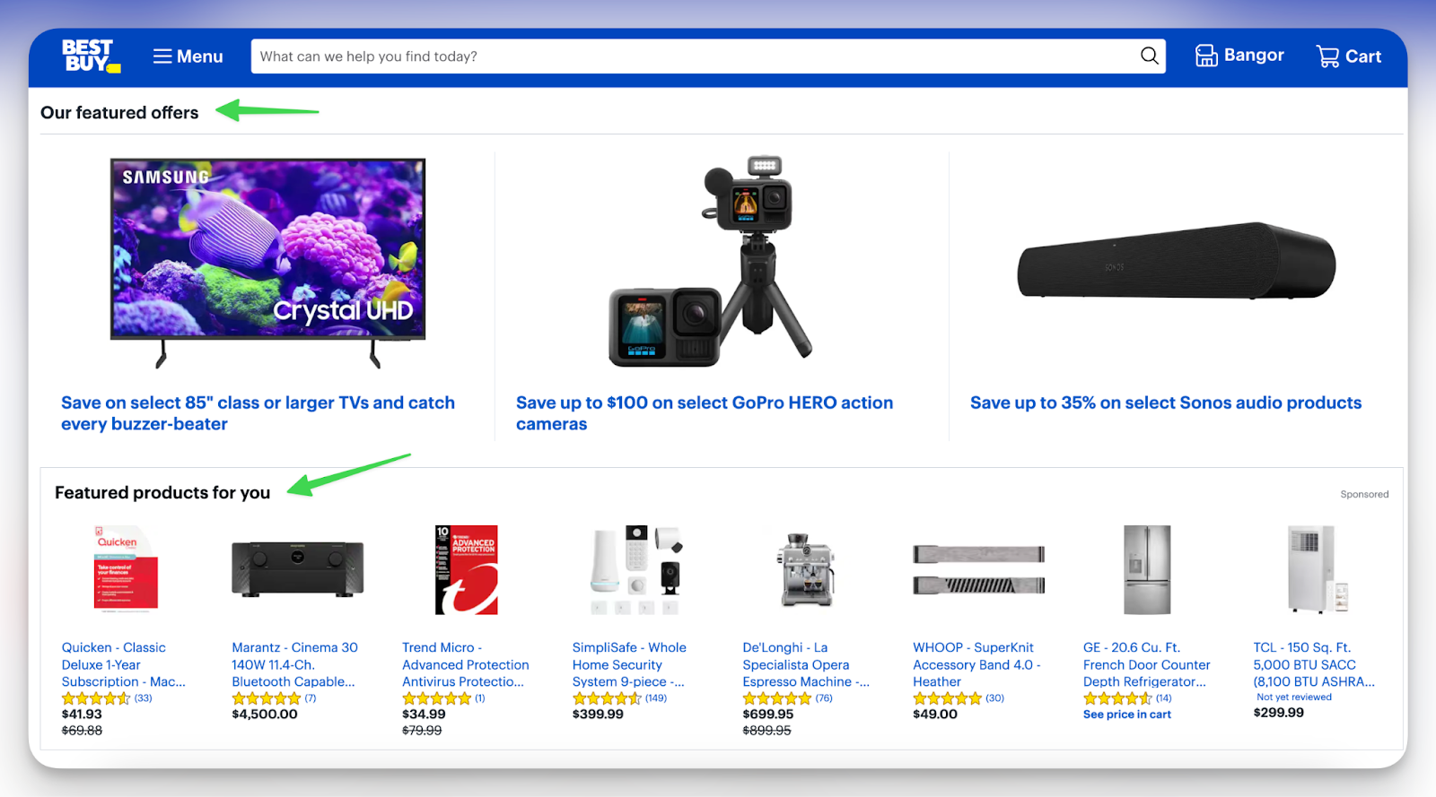 Best Buy homepage showing Our Featured Offers and Featured Products For You sections with personalized product recommendations