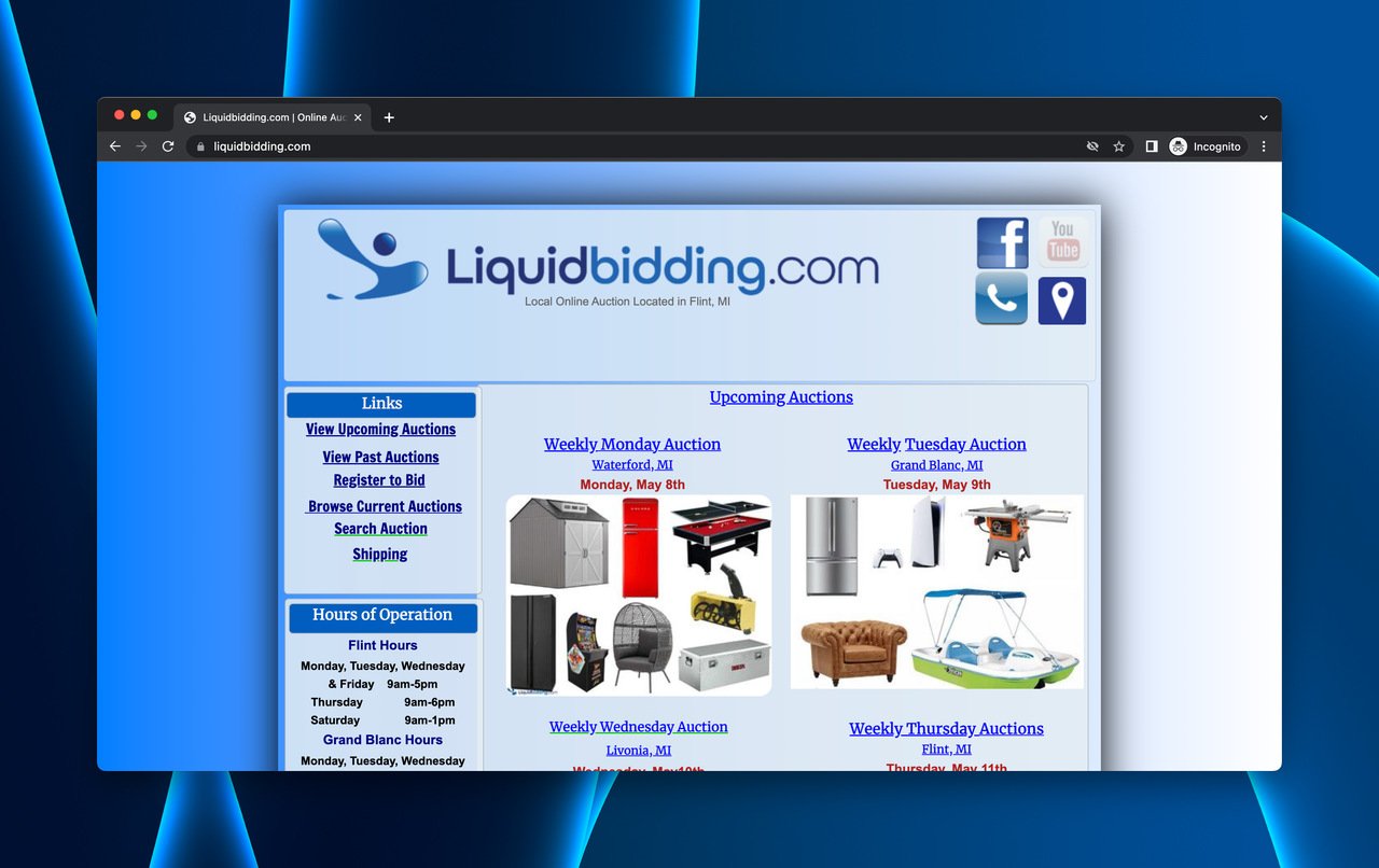 Liquid Bidding auction platform coming soon page displaying upcoming auction dates on blue background