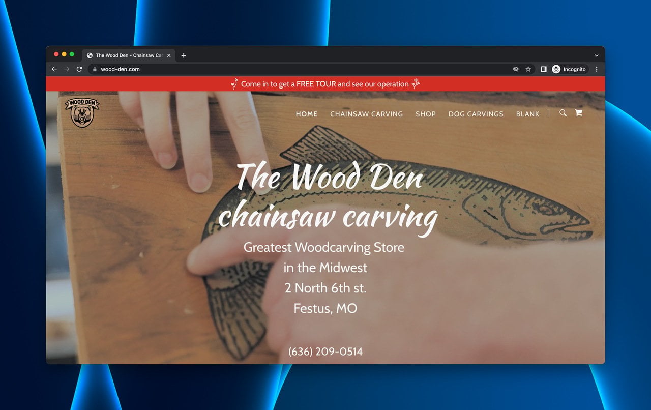The Wood Den rustic furniture brand coming soon page with virtual tour video and customer reviews