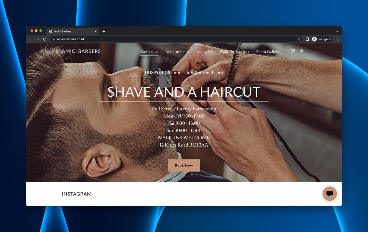 Amici Barbers luxury barbershop coming soon page with appointment booking and operating hours popup