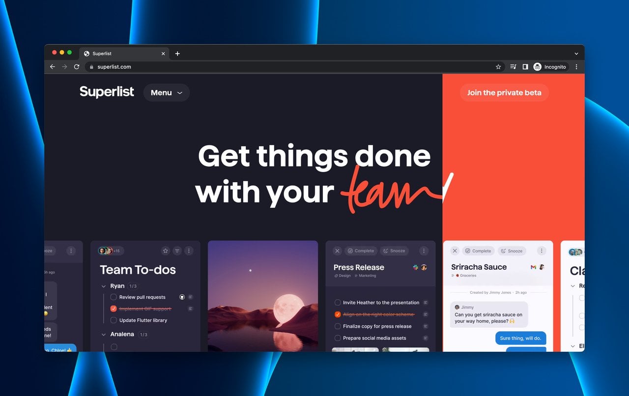 Superlist productivity app coming soon page with animated interactive design and private beta signup