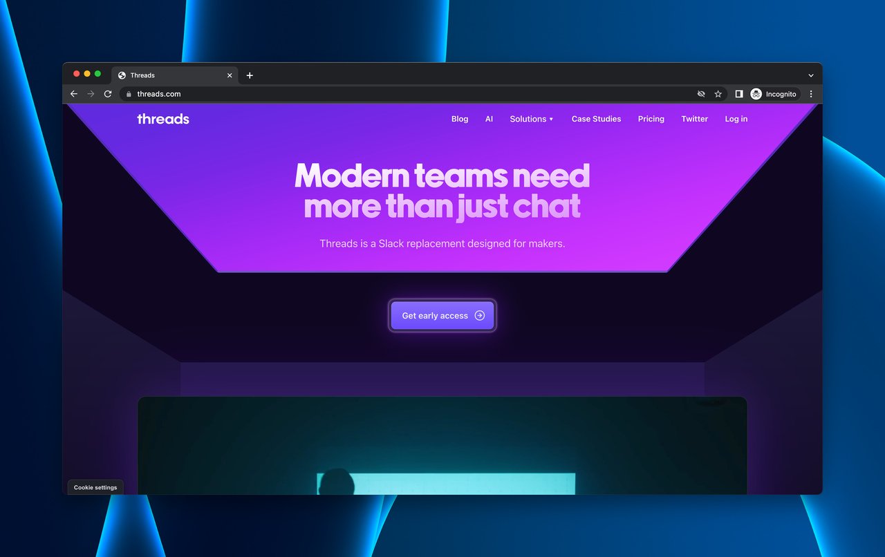 Threads team workspace coming soon page with neon design, video, testimonials, and dual CTA placement