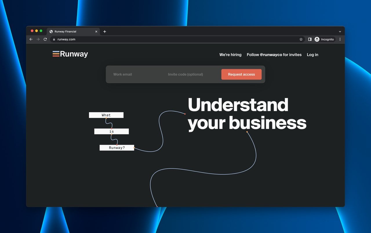 Runway Financial coming soon page with humorous copy and request access CTA for financial planning tool