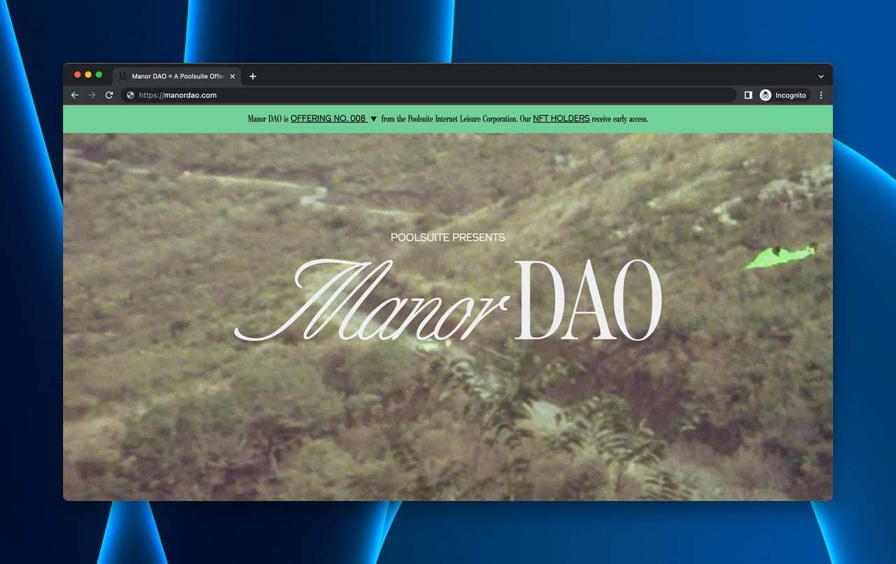 Manor DAO NFT investment platform coming soon page with conceptual imagery and membership signup