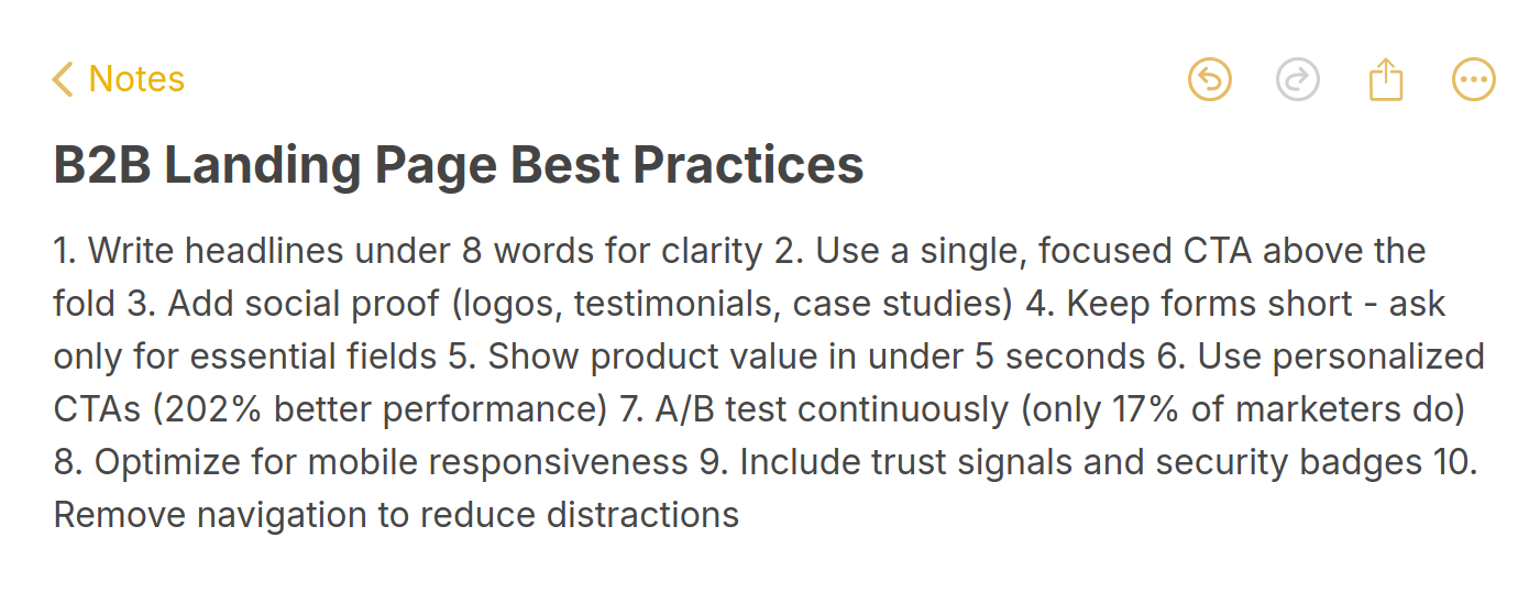 B2B landing page best practices checklist with 10 actionable tips including headline clarity, CTA placement, social proof, form optimization, and A/B testing