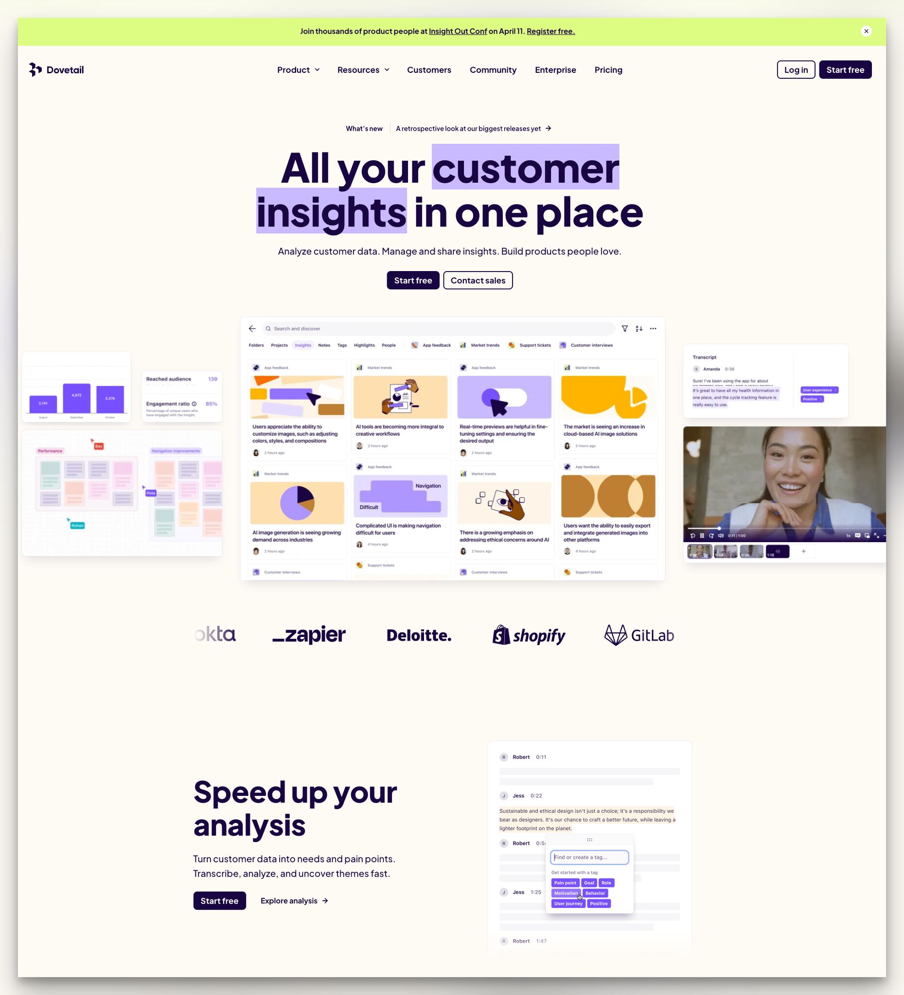 Dovetail customer insights platform landing page with new feature banner and dual CTA buttons