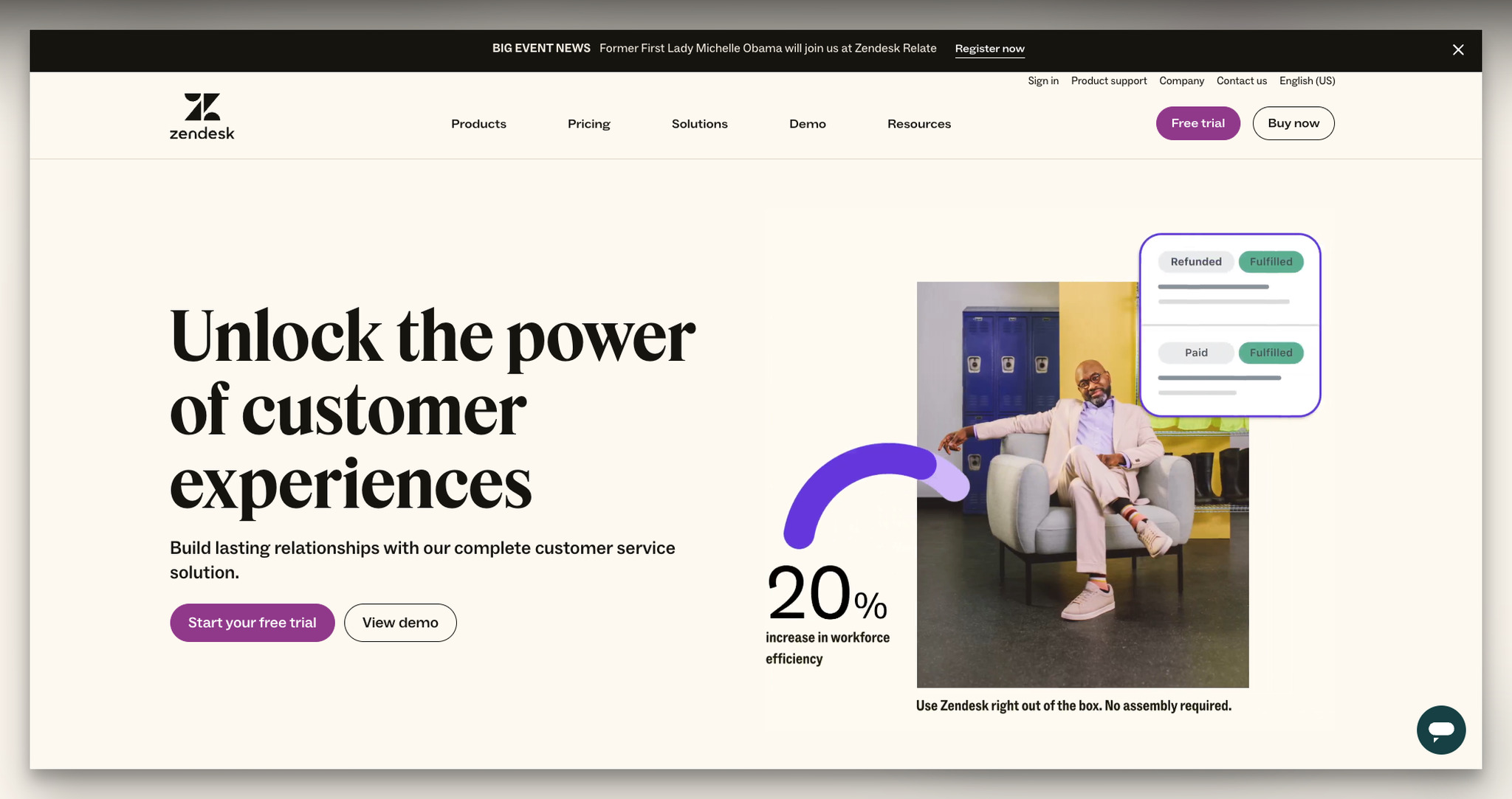 Zendesk B2B landing page with customer experience headline and dual CTA for free trial and demo