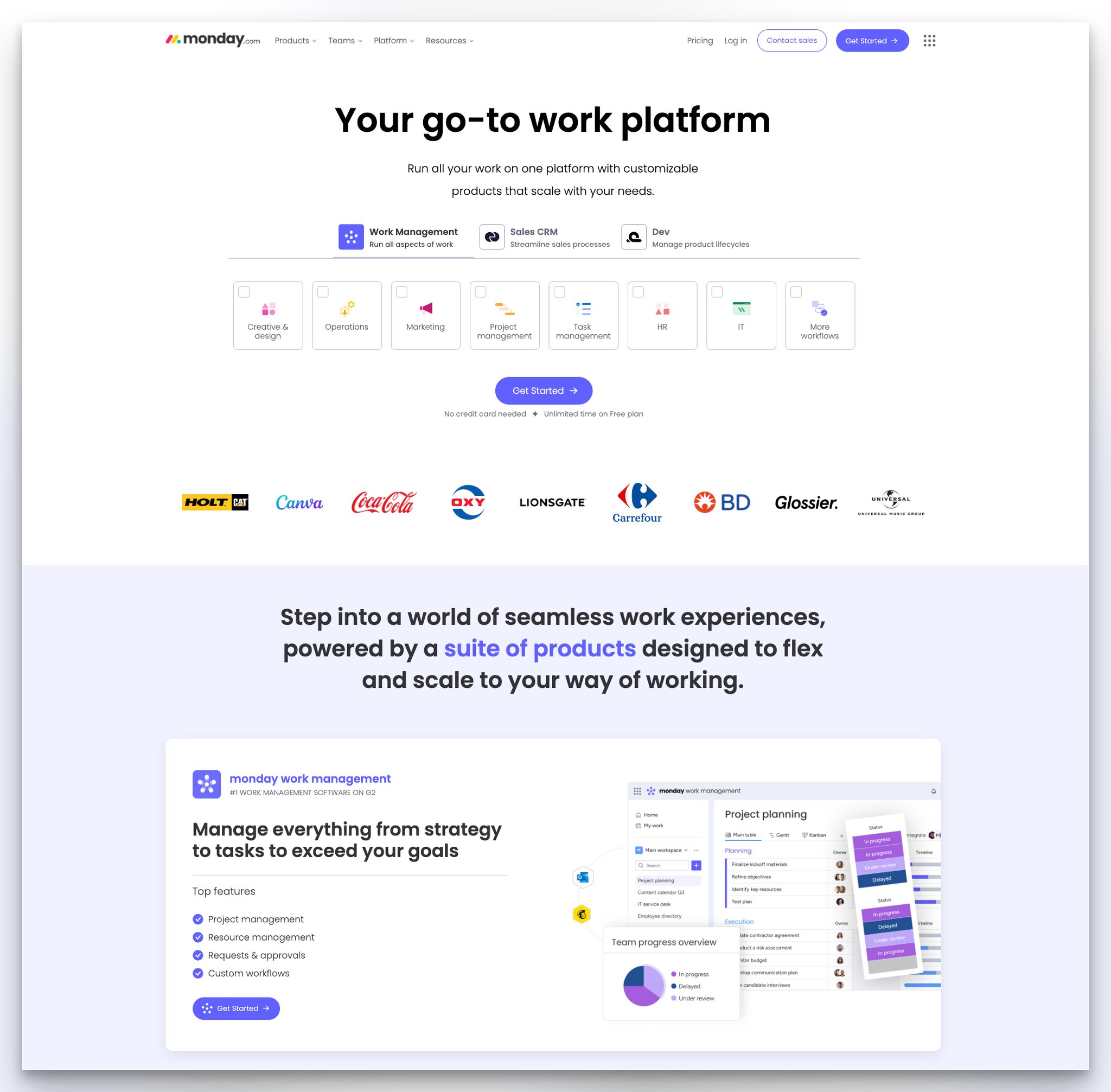Monday.com project management landing page with use case selector and free plan details