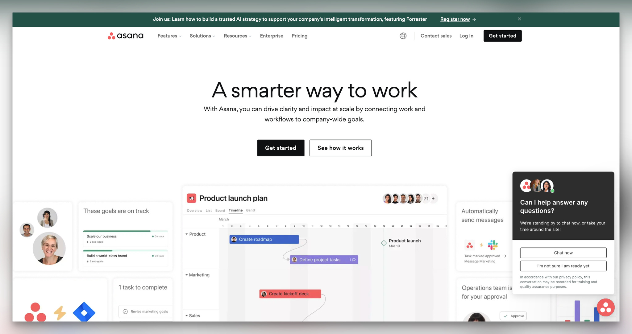 Asana B2B landing page with attention-grabbing headline and dual CTA buttons