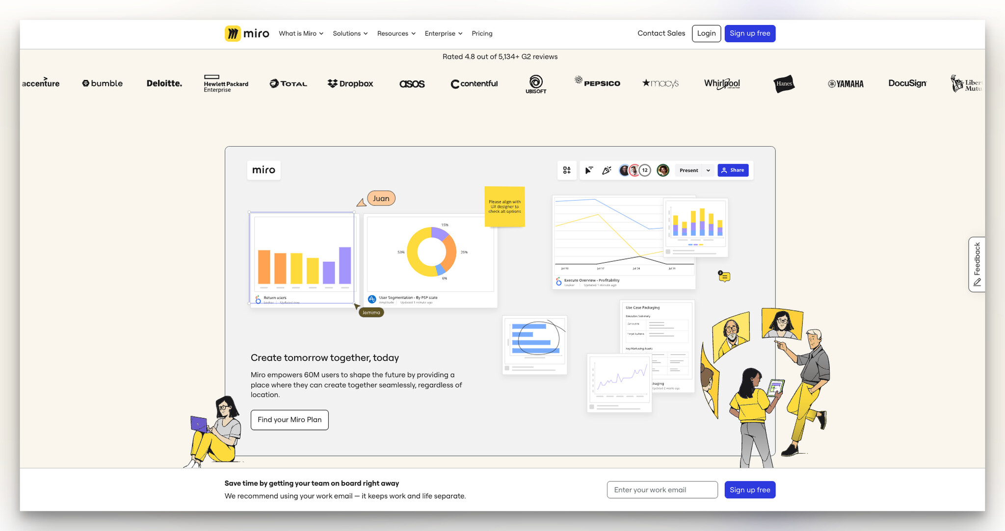 Miro landing page second section showing dashboard preview and second email capture form