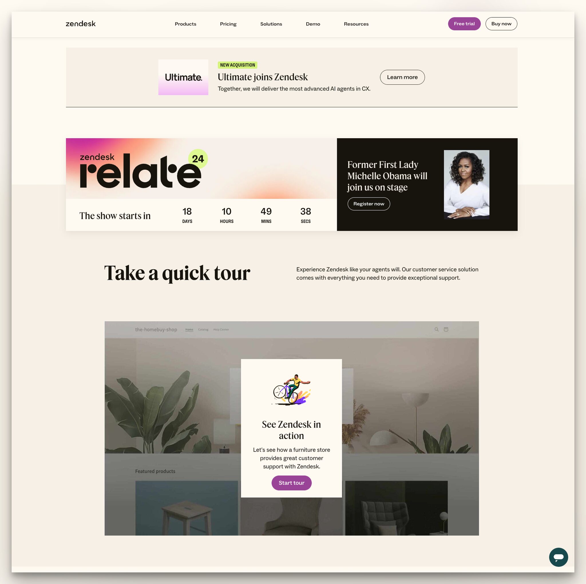 Zendesk landing page showing event countdown timer and product tour section