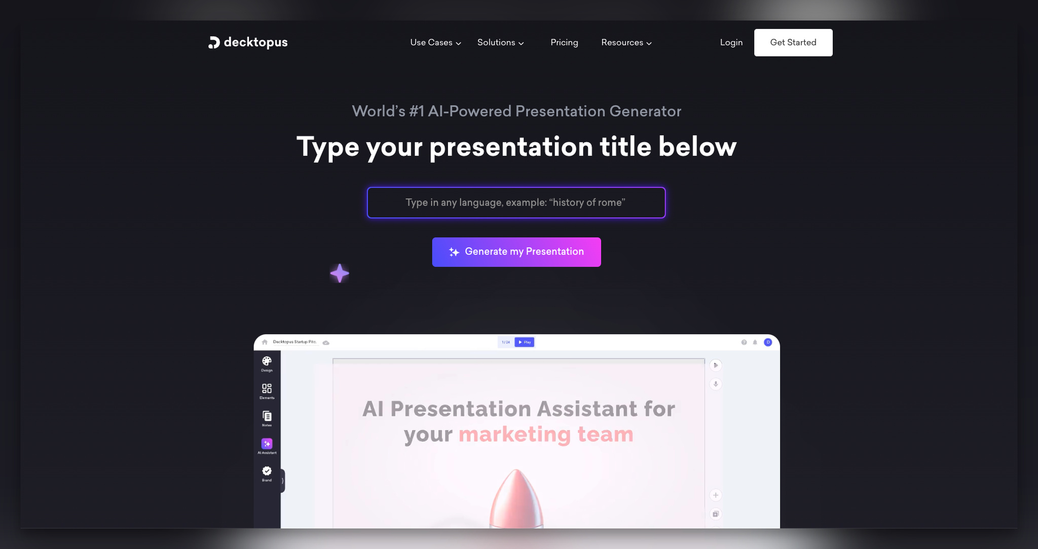 Decktopus AI presentation generator landing page with inline title input and generate button