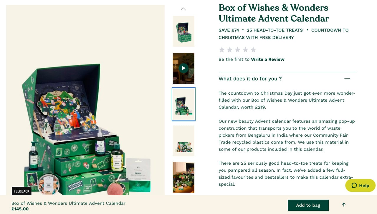 The Body Shop Box of Wishes and Wonders advent calendar with 25 beauty products for holiday gifting