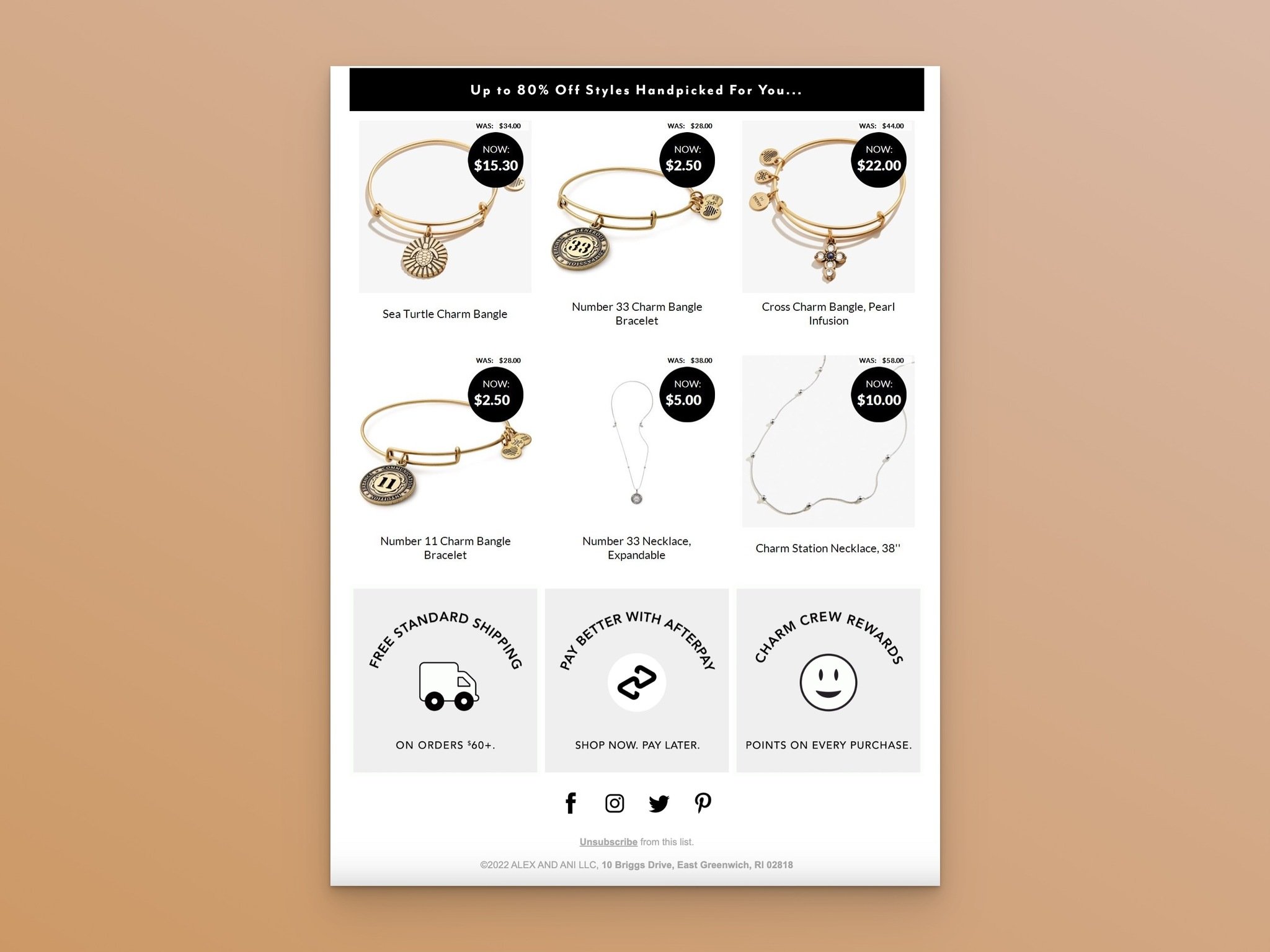 Alex and Ani email showing featured products with pricing and repeated discount offer