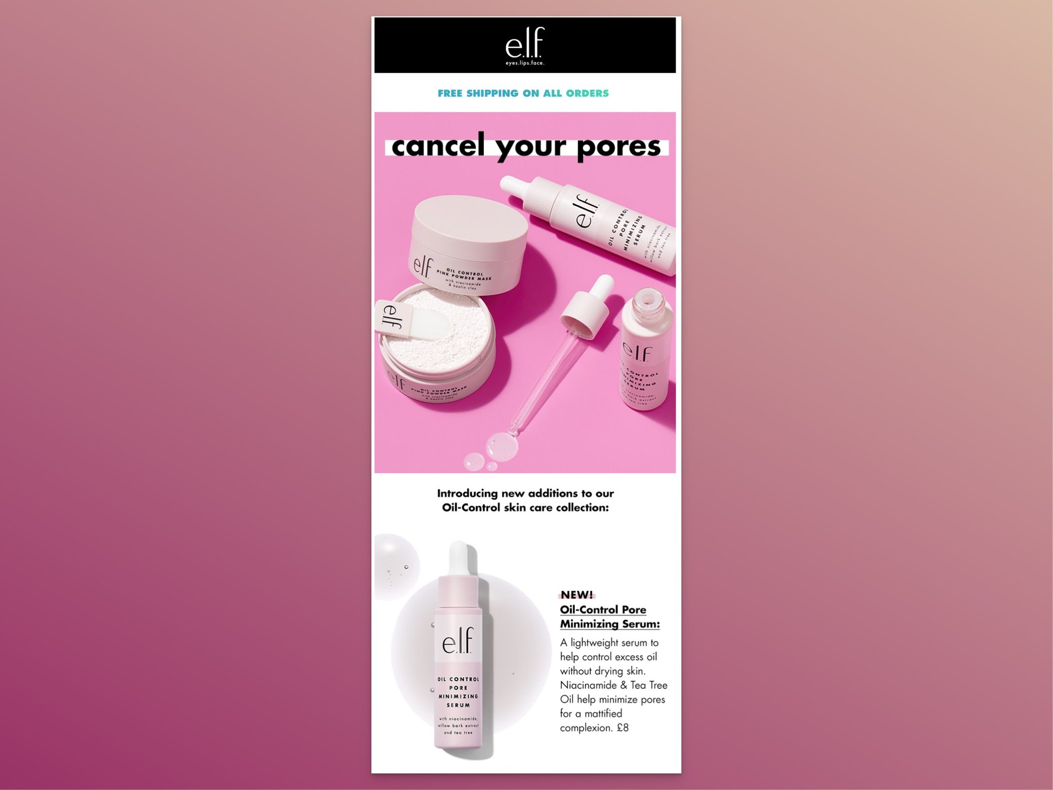 e.l.f. Cosmetics new skincare collection email with cancel your pores headline