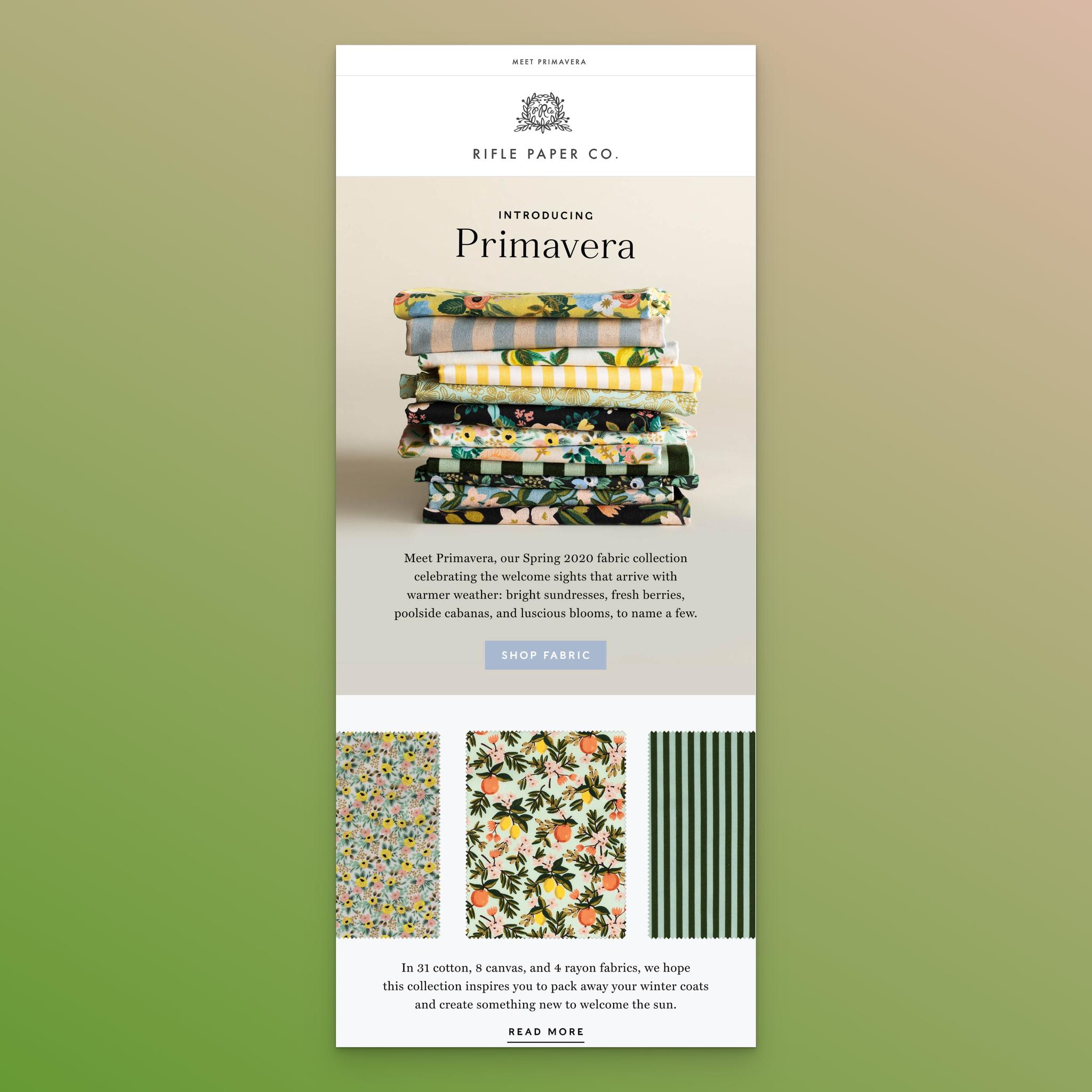 Rifle Paper Co Primavera collection new arrival email with colorful fabric imagery