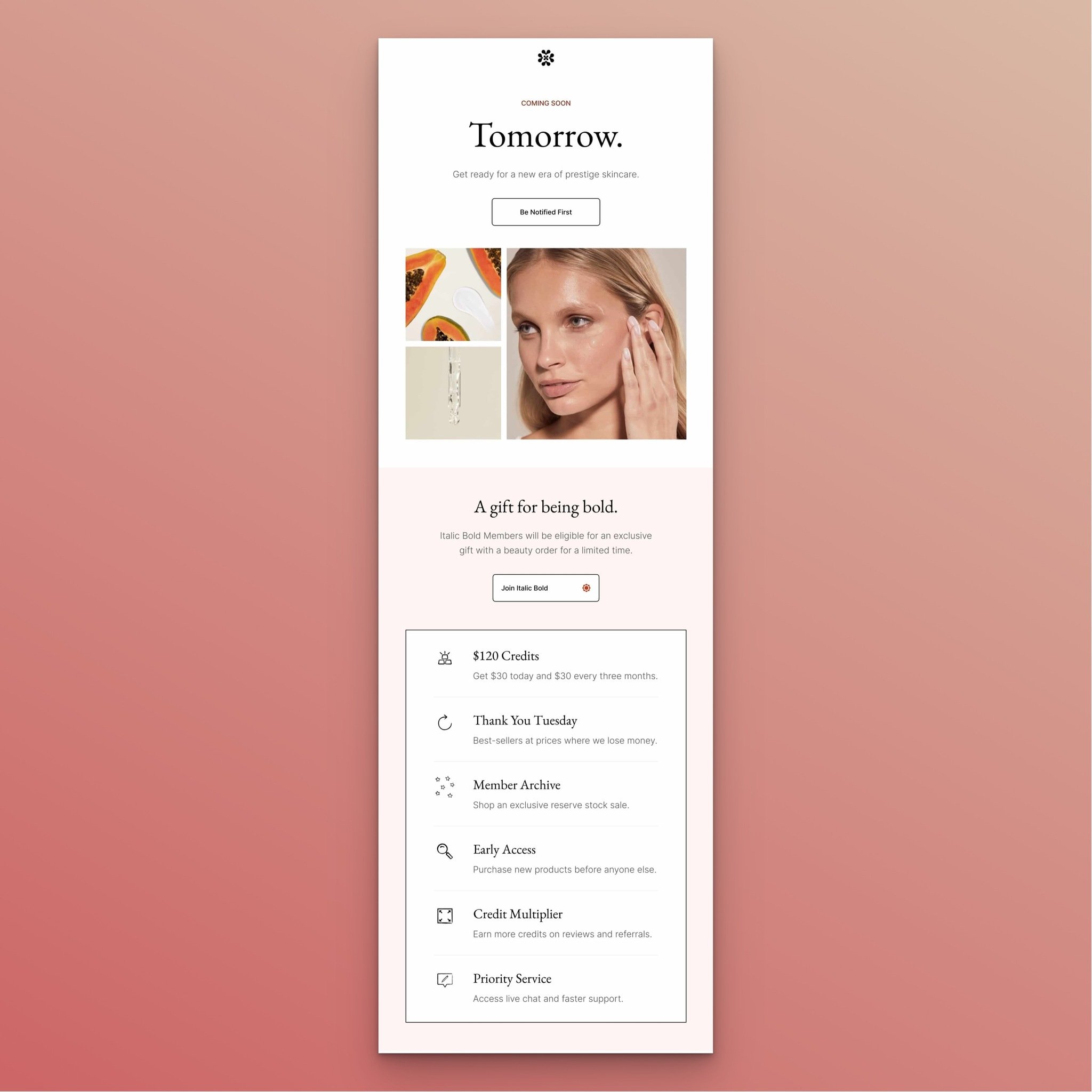 Italic Beauty coming soon pre-launch email with get notified first CTA