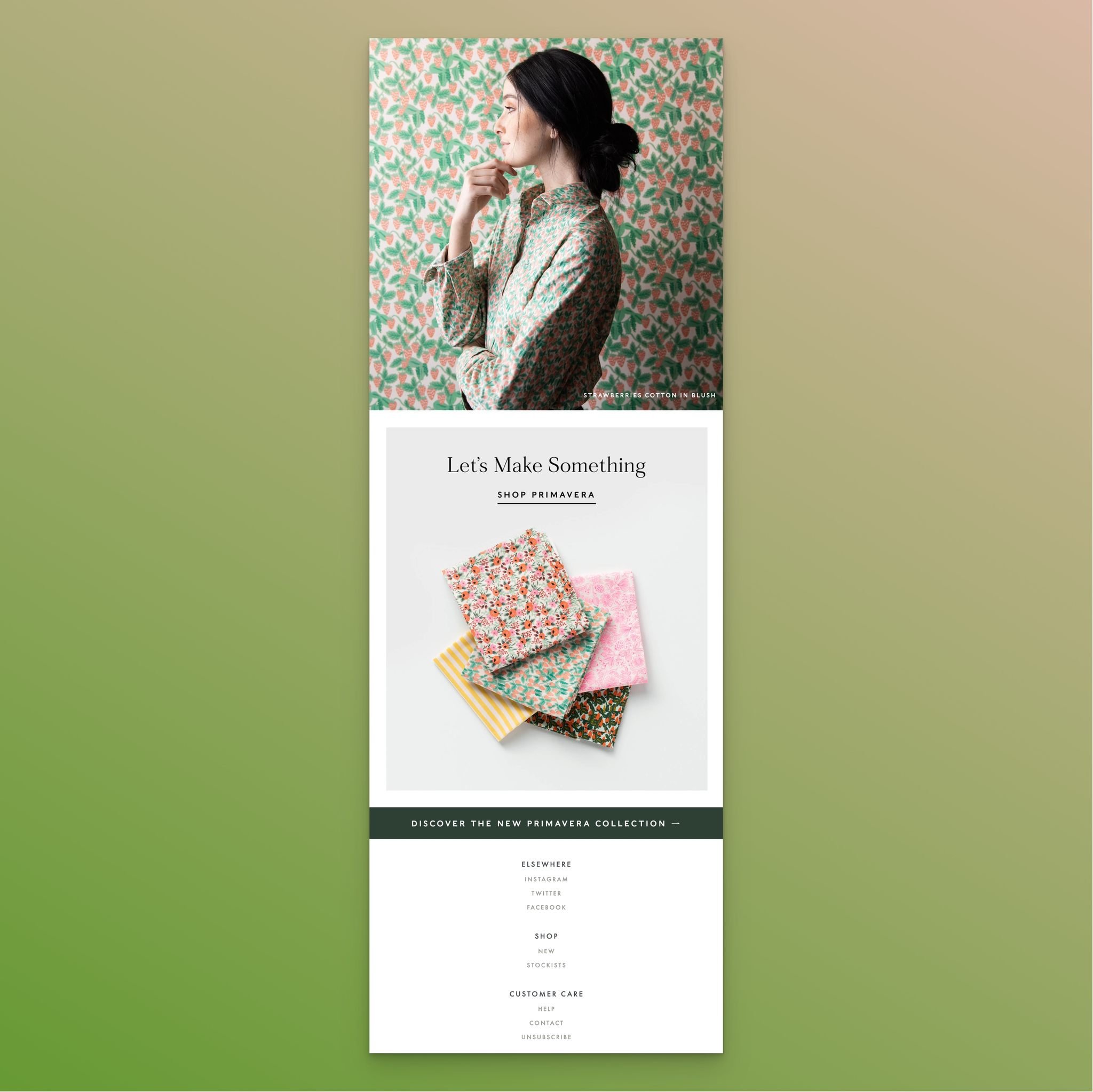 Rifle Paper Co email showing person using fabric product with lets make something CTA