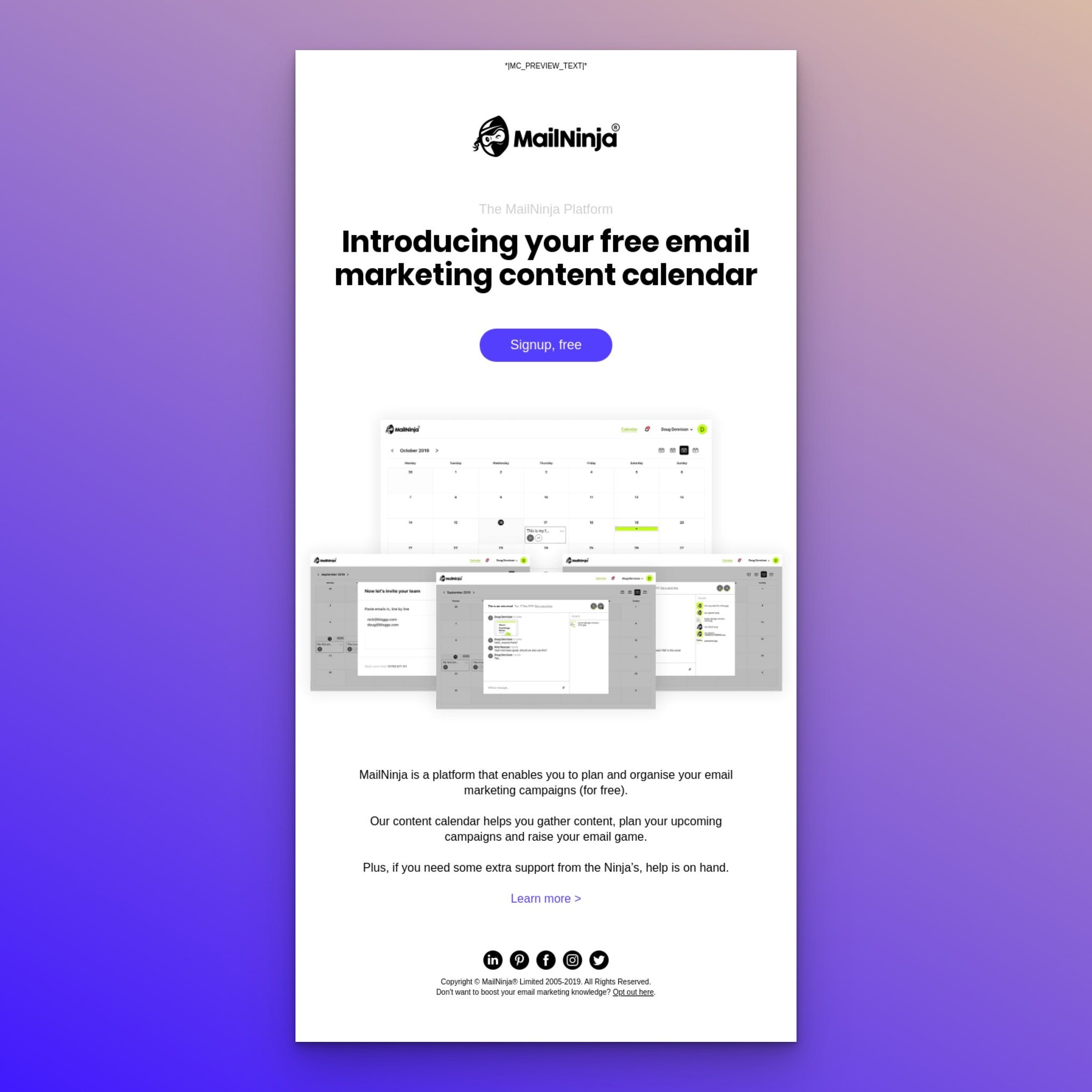MailNinja email marketing calendar launch with free signup CTA