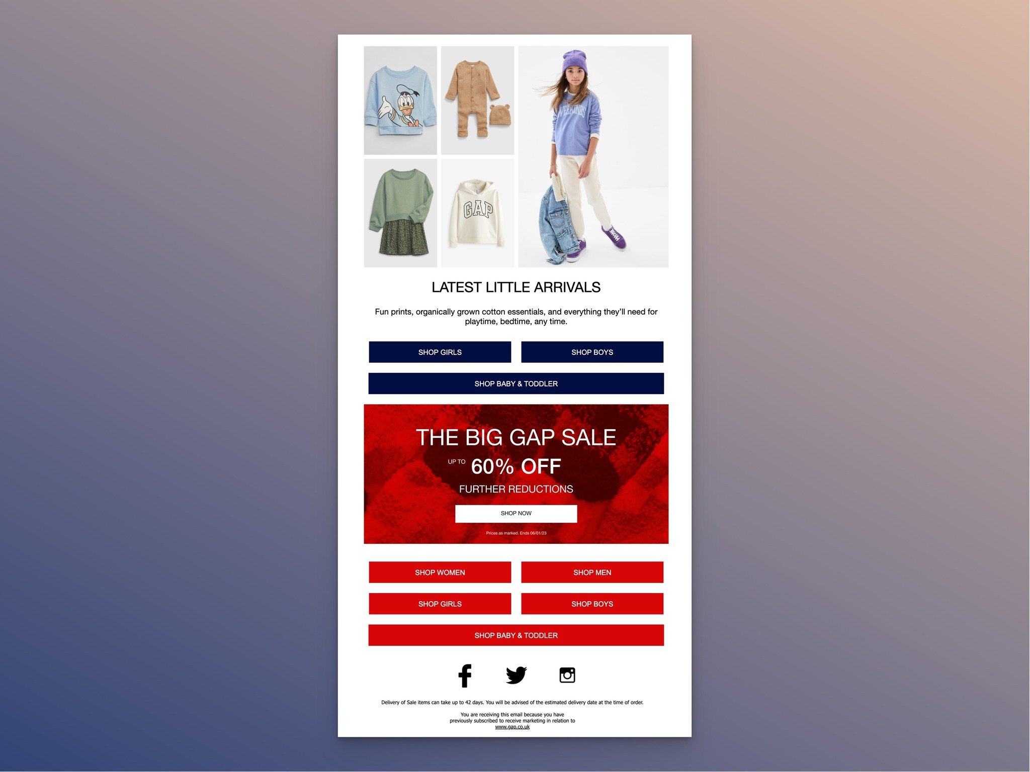 GAP email showing mens and baby collections with the big GAP sale section