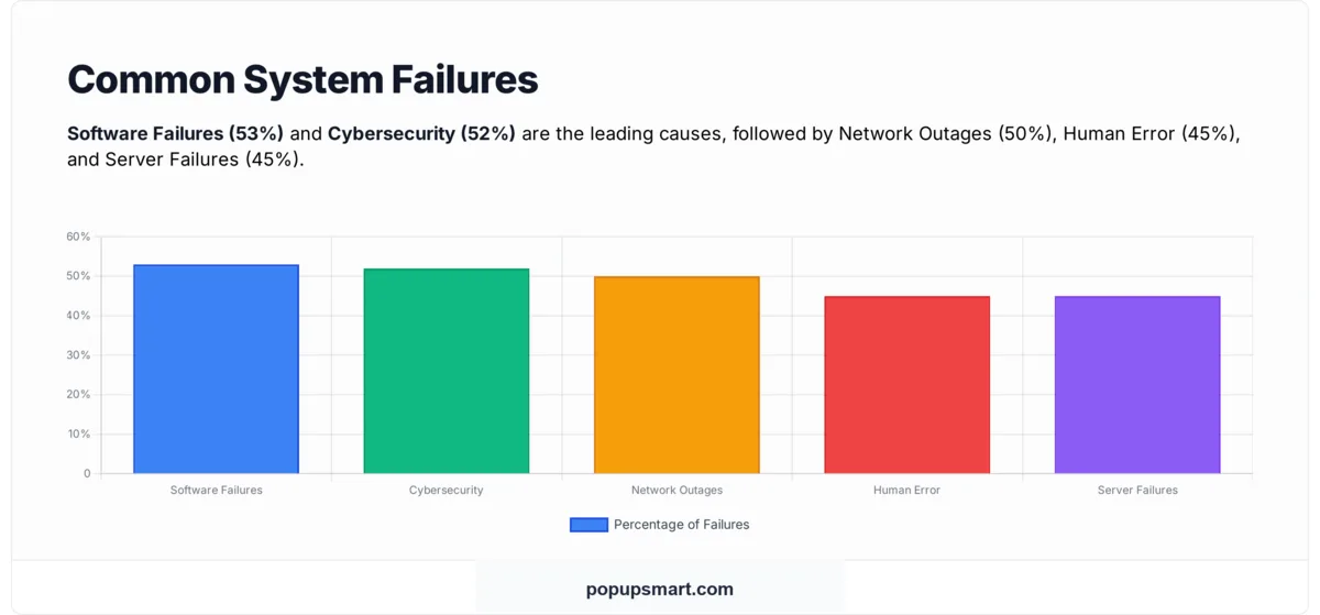 Chart showing causes of IT downtime in 2026: software failures 53%, cybersecurity 52%, network outages 50%, human error 45%, server failures 45%