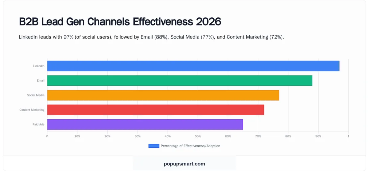 Chart showing B2B lead generation channels in 2026: email 88%, social media 77%, LinkedIn 97% of social users