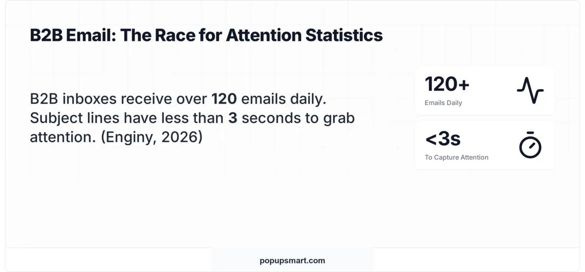 Stat card showing average B2B inbox receives 120+ emails daily with less than 3 seconds to capture attention