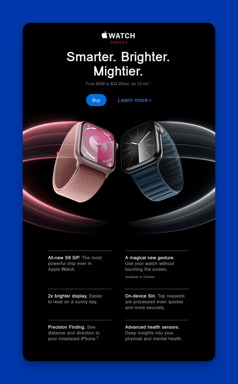 Real-World Professional Email Subject Line Example of Apple Watch: Introducing Apple Watch Series 9 and Apple Watch Ultra 2.