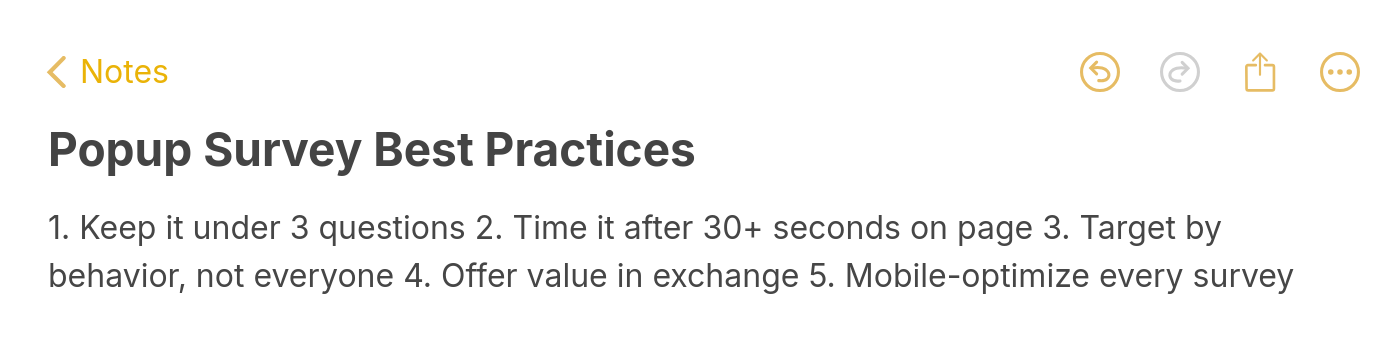 Popup survey best practices checklist: keep under 3 questions, time after 30 seconds, target by behavior, offer value, and mobile-optimize