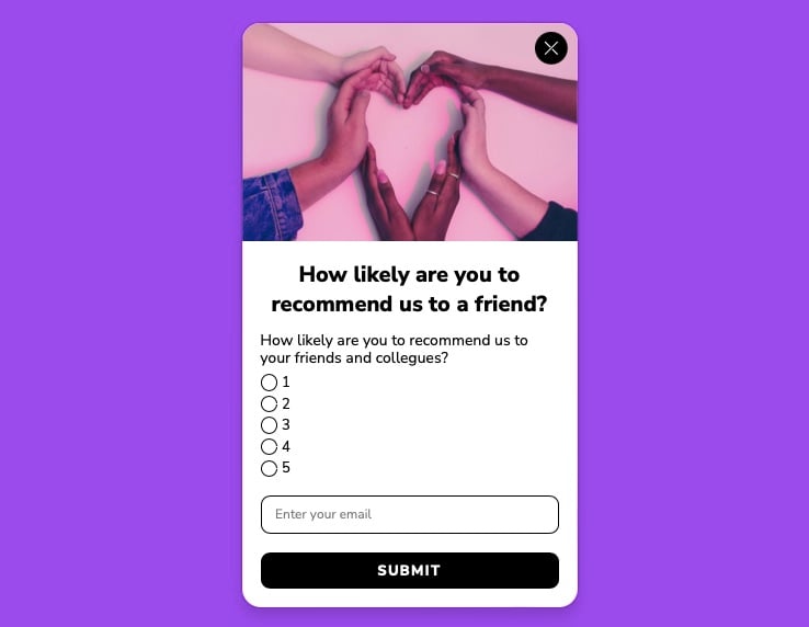 Feedback rating popup asking how likely visitors are to recommend the product with 1-5 scale