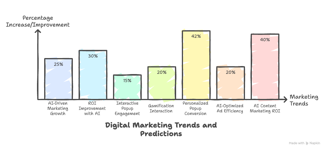Bar graph showing digital marketing trends and predictions, highlighting percentage increases for various strategies, with Personalized Popup Conversion at 42%.