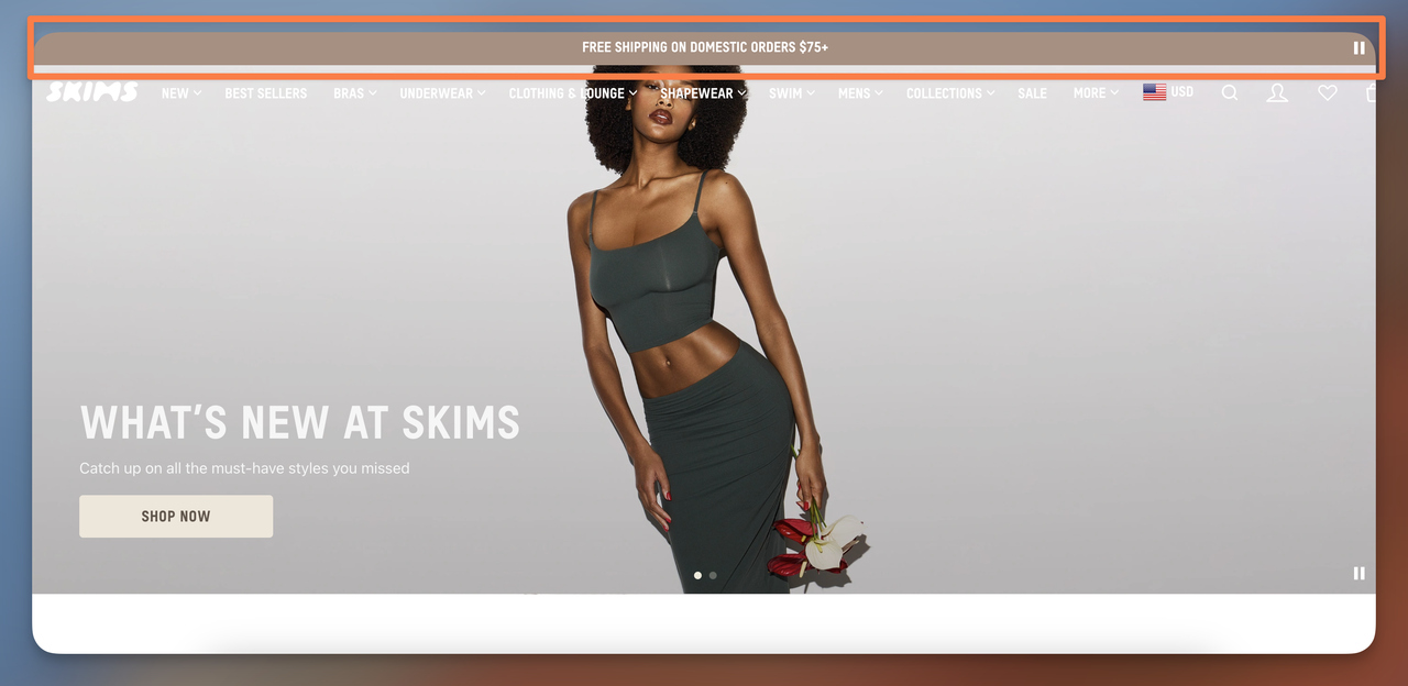 Skims announcement bar displaying free shipping on domestic orders over 75 dollars