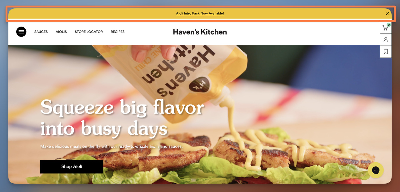 Haven's Kitchen bright yellow announcement bar promoting new Aioli Intro Pack product