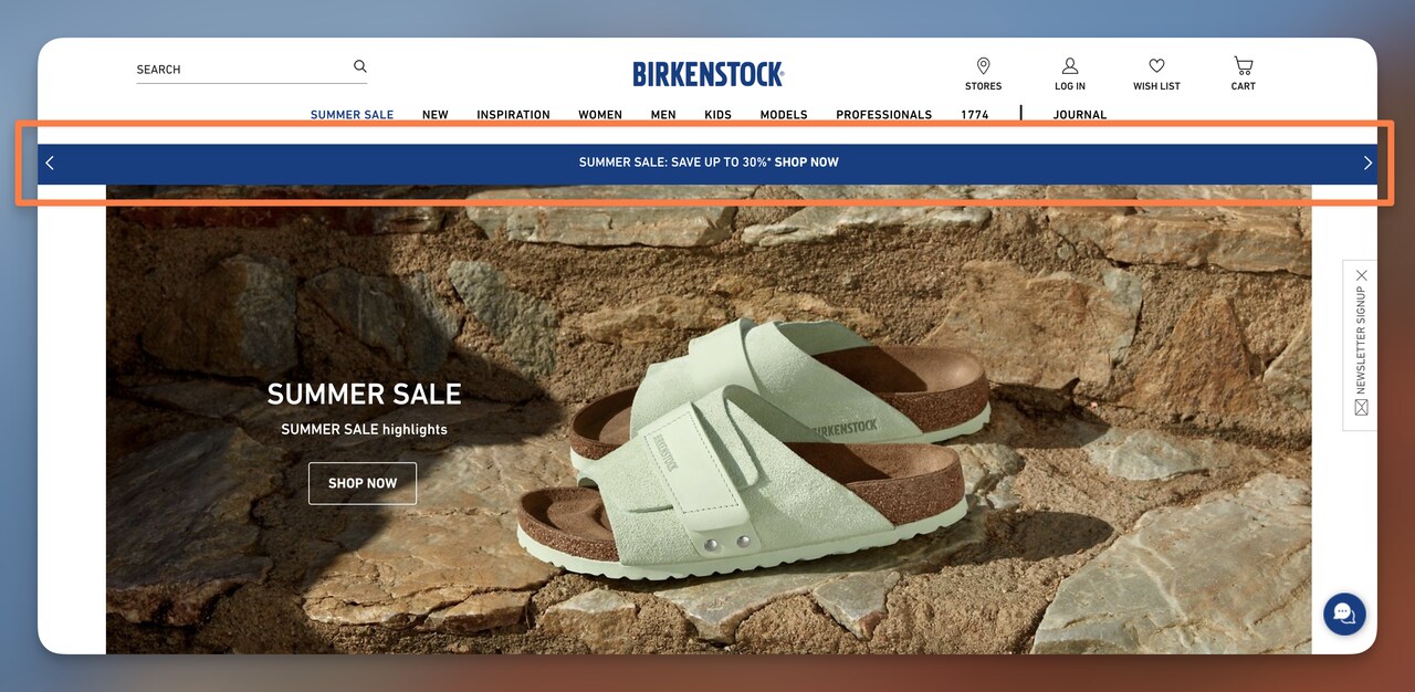 Birkenstock announcement bar showing Summer Sale save up to 30 percent with Shop Now button