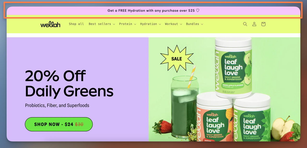 Wellah announcement bar encouraging customers to spend more for free shipping threshold