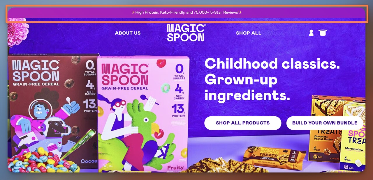 Magic Spoon purple announcement bar showing high protein keto-friendly and 75000 five-star reviews