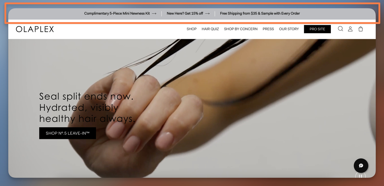 Olaplex announcement bar highlighting a specific featured product with Shop Now call to action