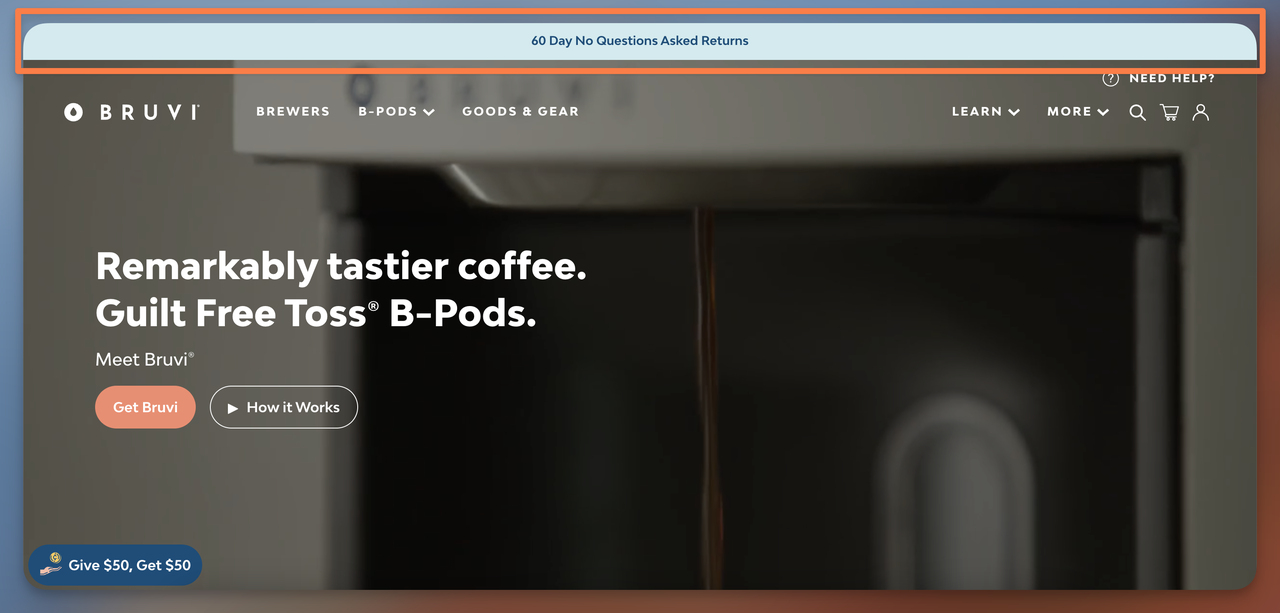 Bruvi announcement bar highlighting 60-day no-questions-asked return policy in light blue