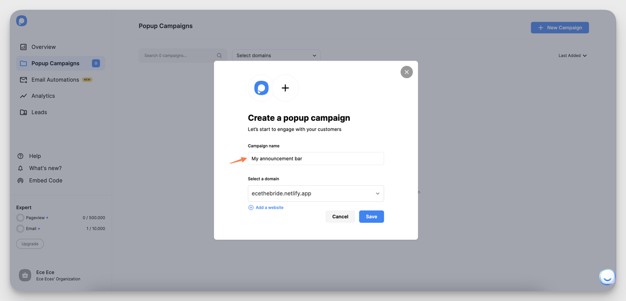 Campaign naming dialog for an announcement bar with domain selection dropdown