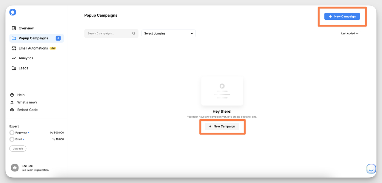 Popupsmart dashboard showing the New Campaign button to create an announcement bar