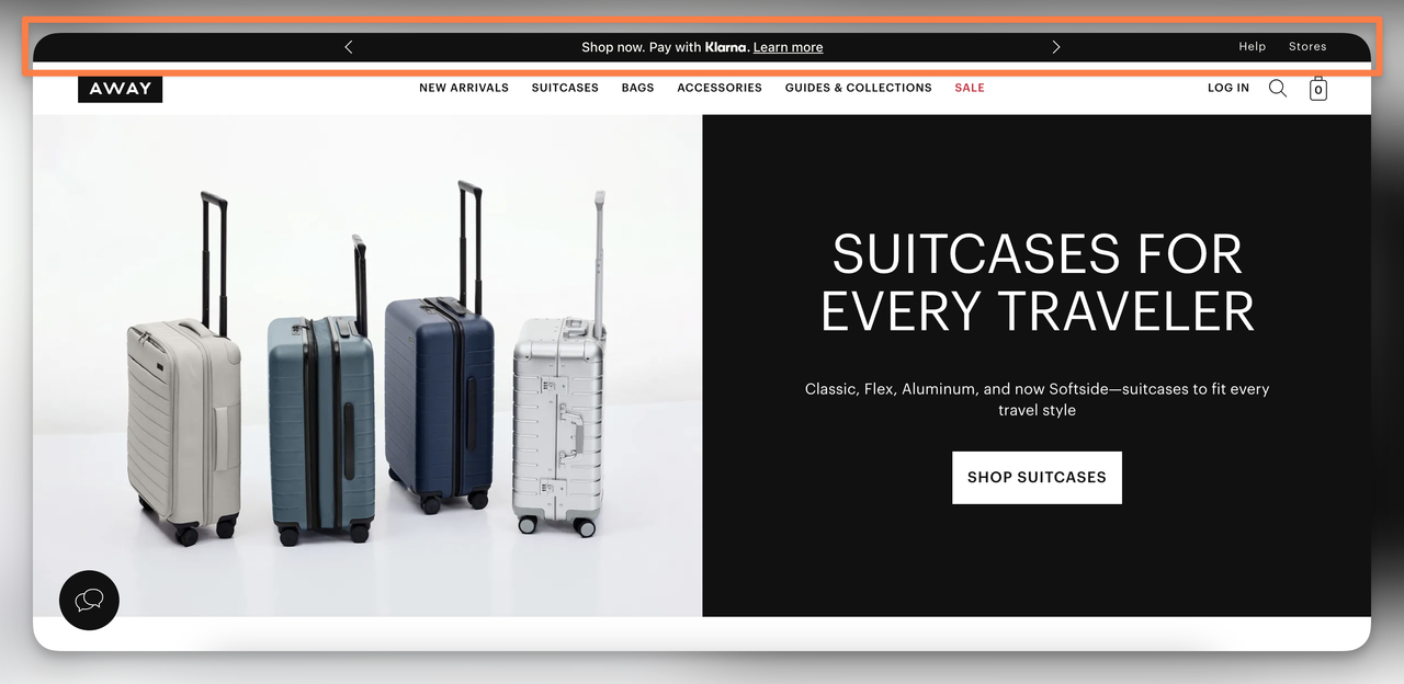 Away travel brand announcement bar showing Shop Now Pay with Klarna installment option