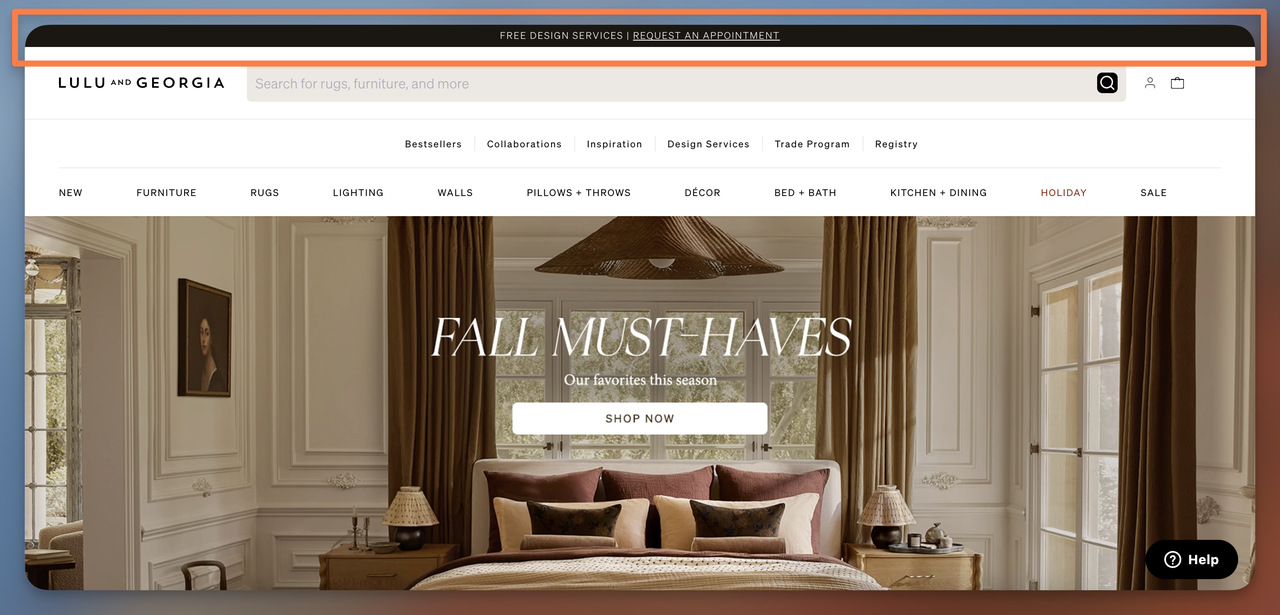 Lulu and Georgia black announcement bar promoting free design services with appointment booking