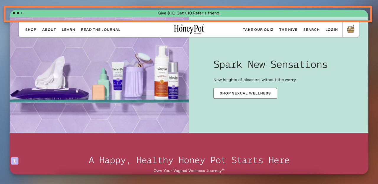 The Honey Pot Company announcement bar showing Give 10 Get 10 referral program with friend invite